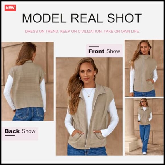 Oversized Waffle Knit Vest Zipper Up Cap Sleeve Side Pockets Chic Casual - Picture 5 of 7